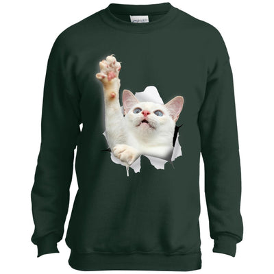 White Cat Reaching Youth Crewneck Sweatshirt