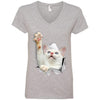 White Cat Reaching Ladies' V-Neck T-Shirt