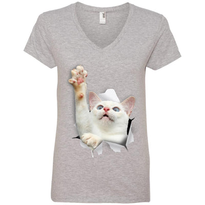 White Cat Reaching Ladies' V-Neck T-Shirt