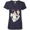 Black & White Reaching Cat Ladies' V-Neck T-Shirt
