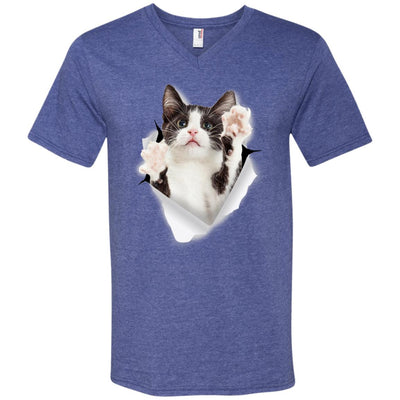 Black & White Reaching Cat Men's Printed V-Neck T-Shirt