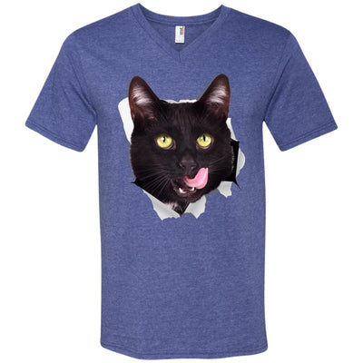 Black Cat Licking Men's Printed V-Neck T-Shirt