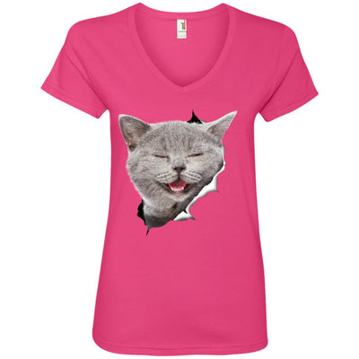 Grey Cat Laughing Ladies' V-Neck T-Shirt