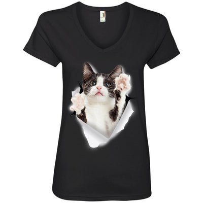 Black & White Reaching Cat Ladies' V-Neck T-Shirt
