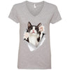 Black & White Reaching Cat Ladies' V-Neck T-Shirt