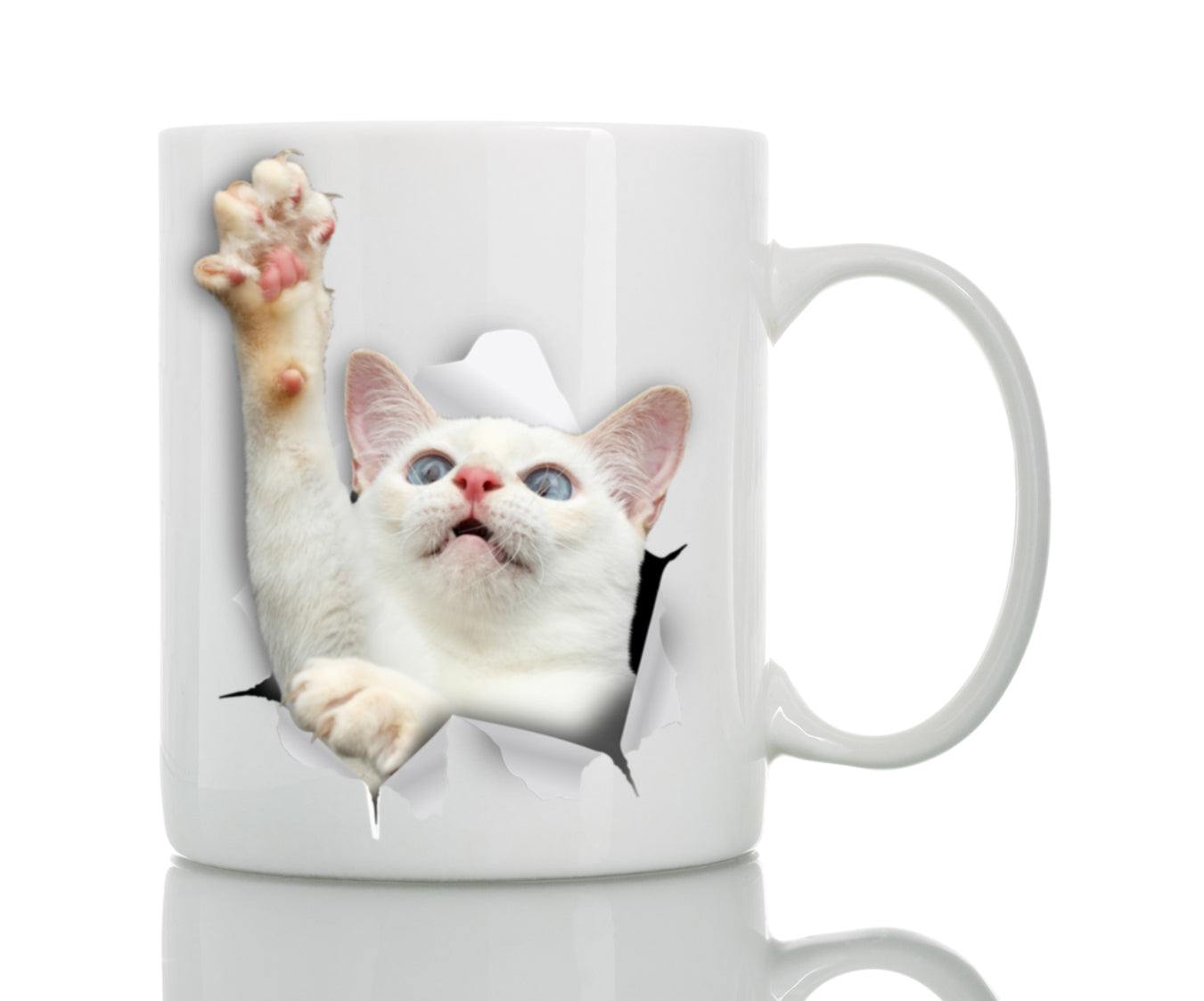 White Reaching Cat Mug